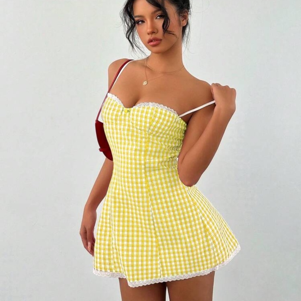 Aloruh Women Camisole Bodice Mini A-Line Lace Trim Bodycon Dress - Picture 2 of 4